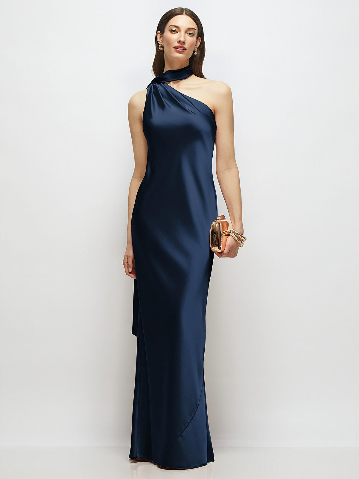 Draped Scarf One-Shoulder Bias Stretch Satin Maxi Dress in Midnight Navy | Dessy Group