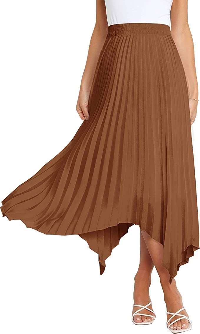 ZESICA Women's Satin Midi Skirt Casual Elastic High Waist Pleated A Line Asymmetrical Irregular H... | Amazon (US)