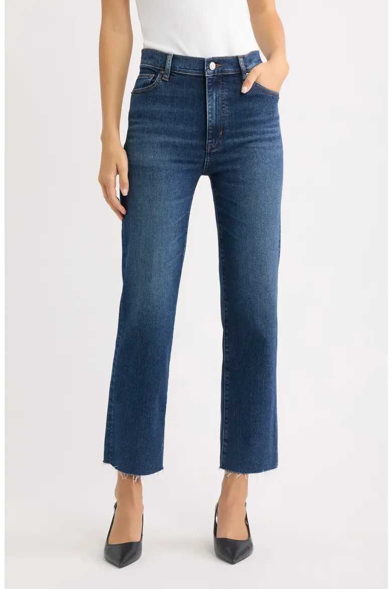 FRAME Le Sleek Raw Fray High Waist Straight Leg Jeans in Showdown Raw Fray at Nordstrom, Size 25 | Nordstrom