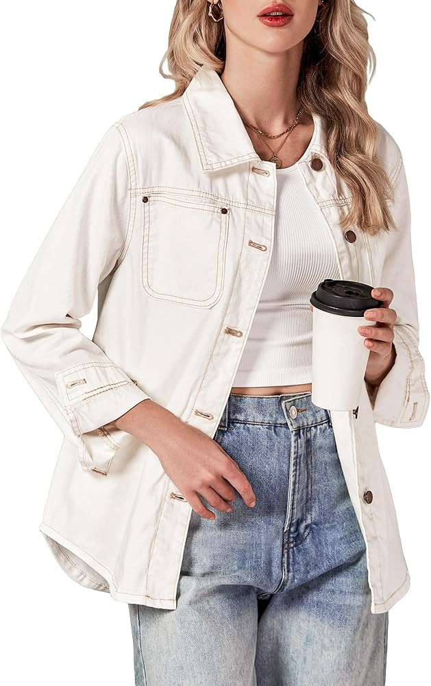 luvamia Denim Jackets for Women Trendy Long Sleeve Button Down Shirt Jacket Jean Shacket with Poc... | Amazon (US)