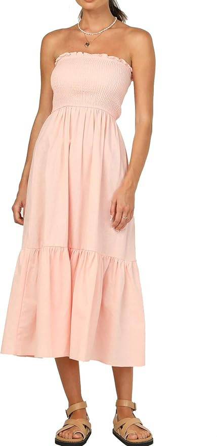 R.Vivimos Womens Summer Cotton Floral Print Strapless Boho Beach Casual Midi Tube Dresses | Amazon (US)