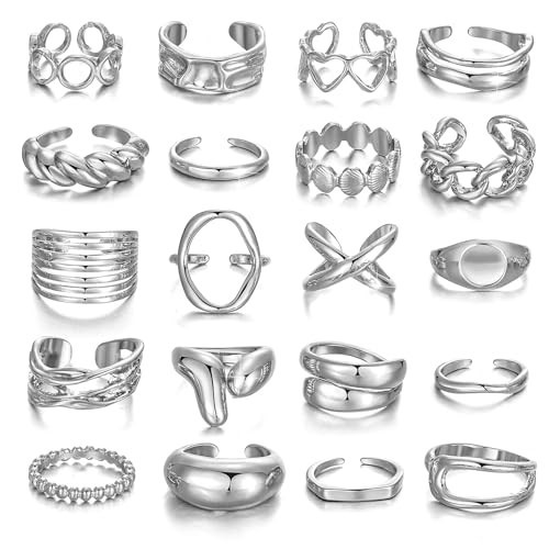 KISS WIFE Golden Rings for Women, Chunky Rings Set, Stackable Finger Ring Pack, Open Fashion Anillos Para Mujer Y2K Accessories Dripping-Paint Pearlized Finish Leaf Ring Stack Jewelry Gift (Silvery-20 Pcs Open) | Amazon (US)