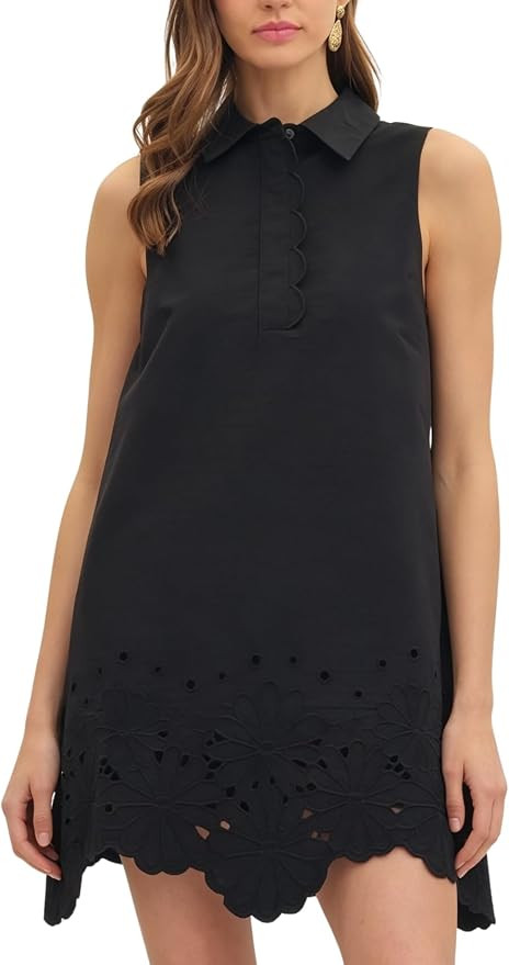 Womens Embroidered Eyelet Scalloped Details Mini Dress Sleeveless Button Front Sundress Side Pock... | Amazon (US)