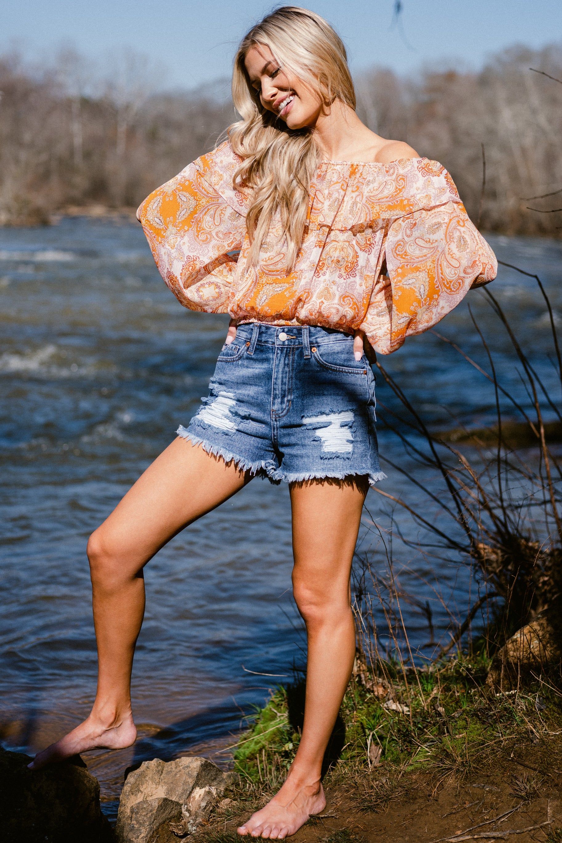 Calling For You Tangerine Print Top | Red Dress 