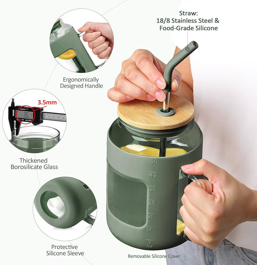 WINSA 50 oz Glass Water Bottles with Silicone Sleeve,Glass Tumbler with Lid and Straw,Iced Coffee Cup with Handle,BPA Free-Olive | Amazon (US)