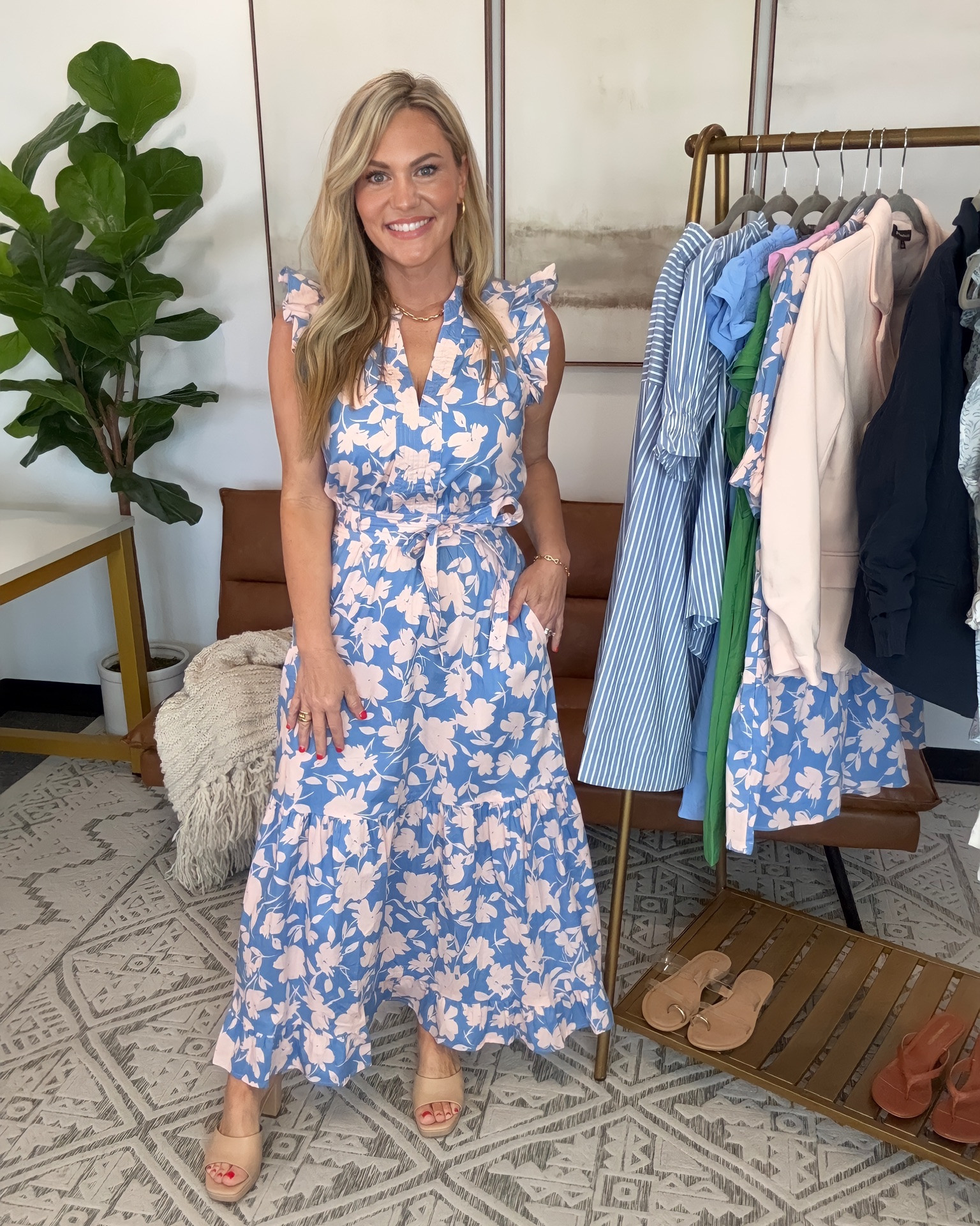 The blush blazer layered over this blue floral Gibsonlook maxi dress gives the print a more polished feel while still keeping the outfit soft and feminine. I like the contrast of the structured blazer with the flowy silhouette of the dress because it makes the outfit feel more styled and intentional. The tie waist adds shape without taking away from the movement of the skirt, and the lighter color palette works especially well with neutral heels and gold accessories.

Dress: Small
Blazer: Small
Shoes: 7.5
Bra Size: 34DD
Height: 5’2

gibsonlook  floral maxi dress  blazer outfit  blue floral dress  pink blazer outfit  feminine style  spring outfit  wedding guest dress  shower outfit  brunch outfit  polished style  maxi dress outfit  workwear style  dressy casual outfit  pastel outfit  elevated feminine style  AudrieDollins

#LTKWorkwear #LTKOver40 #LTKootd