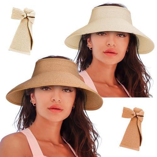 Women's Sun Visor Hats Wide Brim Straw Beach Hat Ponytail Hats for Women Foldable Floppy | Amazon (US)