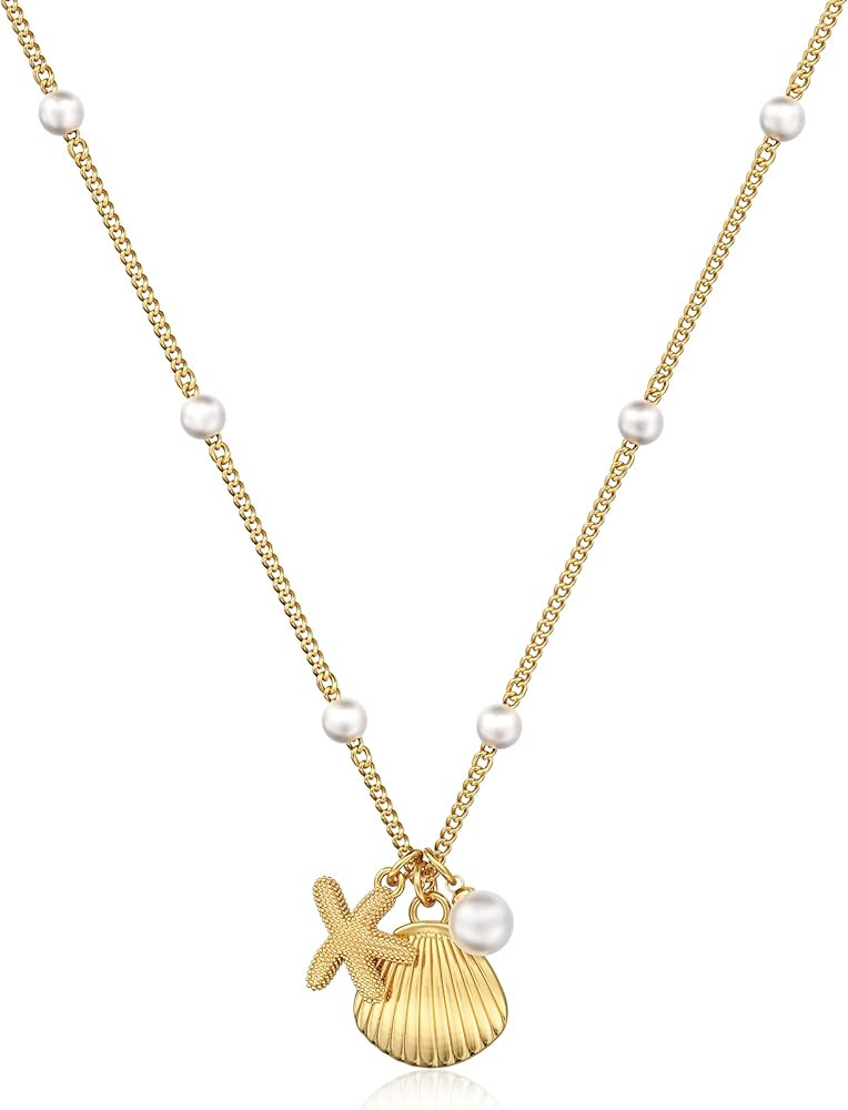 HABIKIP Shell Starfish Charm for Women, Dainty Layered 14K Gold Plated Seashell Conch Starfish Pe... | Amazon (CA)