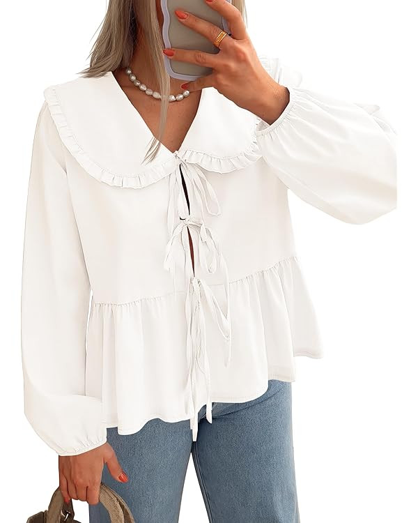 ZESICA Women's Tie Front Peplum Tops Long Puff Sleeve Lapel Collar Cute Babydoll Blouses Shirts | Amazon (US)