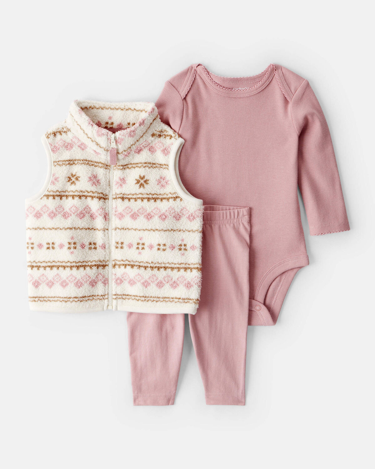 Baby Girl 3-Piece Fair Isle Sherpa Vest Outfit Set - Pink | Carter's | Carter's Inc