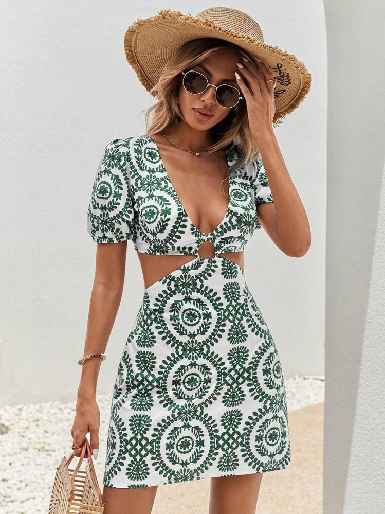 SHEIN VCAY Summer Beach Printed Hollow Out V-Neck Bodycon Dress | SHEIN