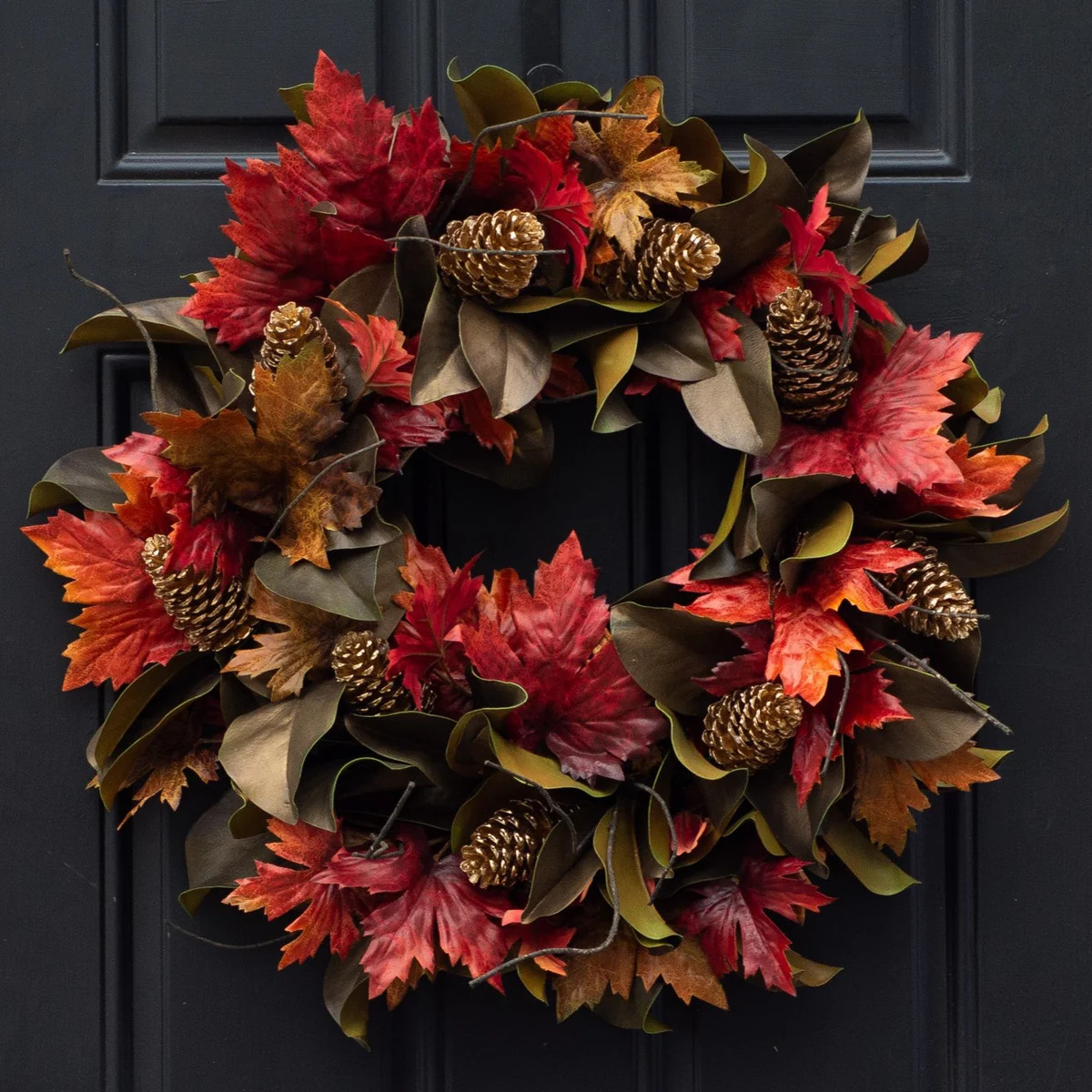 Gold Leaf Pinecone, Brown Magnolia & Autumn Red Maple Leaves Front Door Fall Wreath | Darby Creek Trading