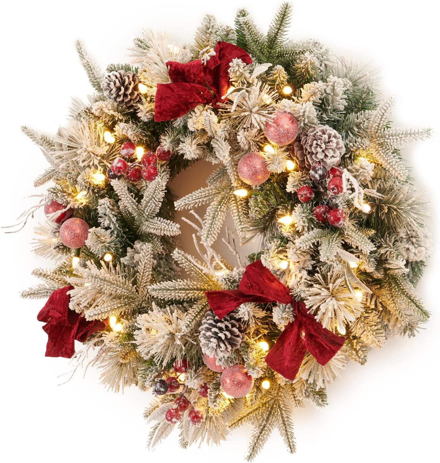 Pre-lit Snow Christmas Wreath with Red Balls,Berries and Bows,24 Inch 50 Battery Operated LED Lights,Holiday Decoration for Front Door Outdoor | Amazon (US)