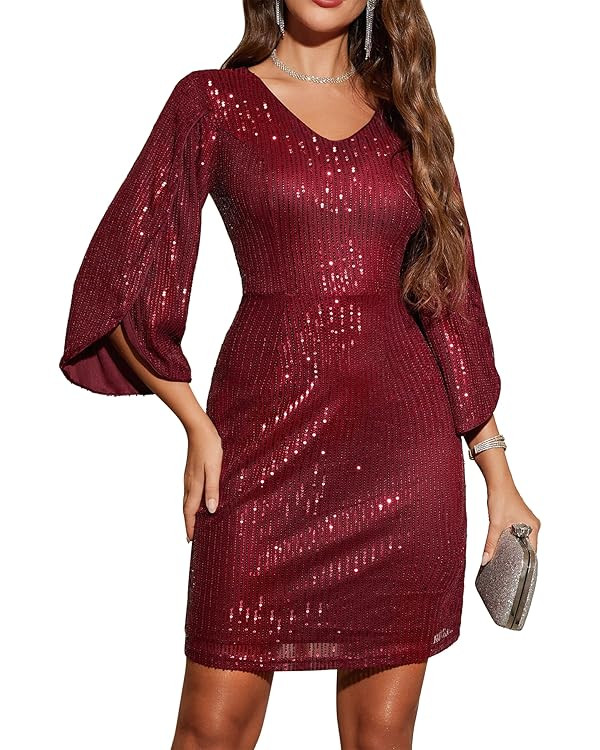 Dressystar Sequin Dress for Women Sparkly Formal V Neck Long Slit Sleeves Glitter Bodycon Cocktai... | Amazon (US)