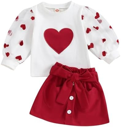 Kids Toddler Baby Girl Valentine's Day Outfit Lace Long Sleeve Heart Sweatshirt Top with Red Belt... | Amazon (US)