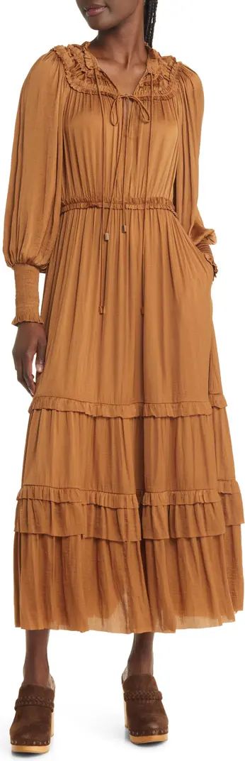 MOON RIVER Long Sleeve Crinkle Satin Tiered Maxi Dress | Nordstrom | Nordstrom