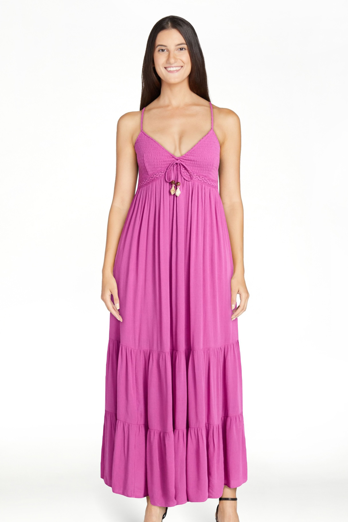 No Boundaries Crochet Lace Trim Tiered Maxi Dress, Women's XXS-XXL | Walmart (US)