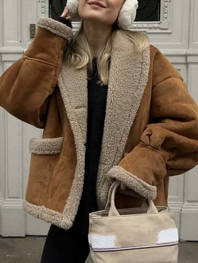 1 Pieza Chaqueta De Lana Y Mezcla De Piel Sintética Con Cuello Vuelto Holgada Y Estilo Vintage Para Mujer, Otoño/Invierno | SHEIN