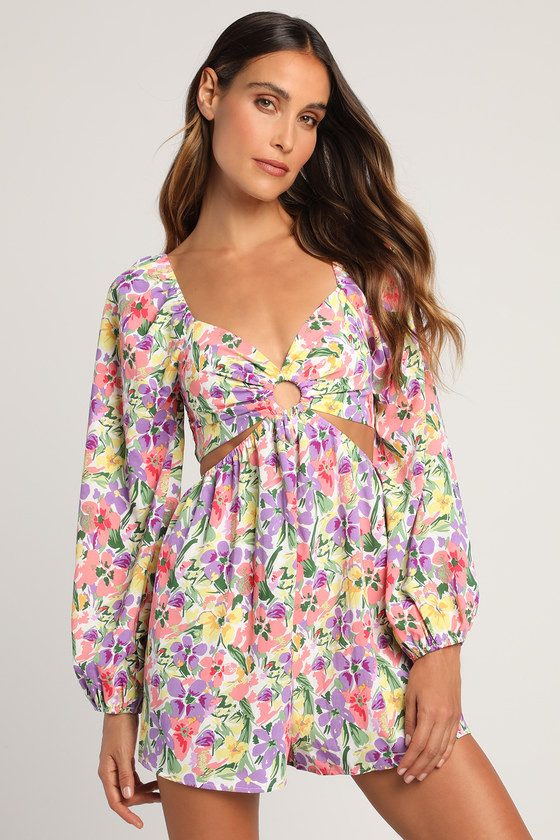 Blossoming Serenade Lilac Multi Floral Print Cutout Romper | Lulus (US)