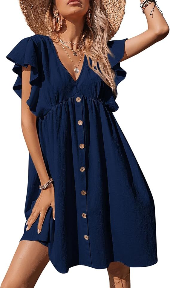 KOJOOIN Women's Ruffle Babydoll Dress Long/Short Sleeve V Neck High Waist Botton Casual Loose Flo... | Amazon (US)