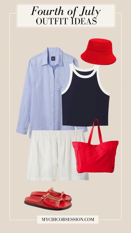 If patriotic clothing is your bread and butter for Independence Day celebrations, you’ll love this red, white, and blue look. First, let’s start with the white – these crinkle gauze pull-on shorts are flexible and comfortable. Next, try this navy tank top with white trim. On top, layer a light blue linen button-down. Red shoes are the perfect accessory for this patriotic ensemble. And if you want to go the extra mile, try a red bucket hat and red tote!

#LTKSeasonal #LTKStyleTip