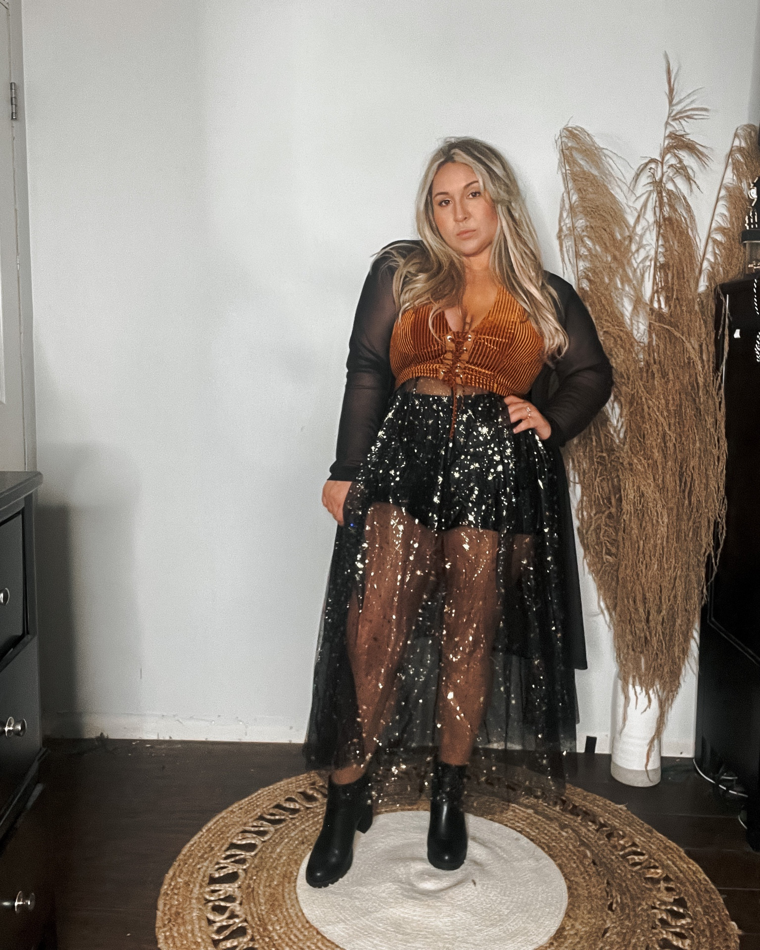 Concert outfits 
Concert 
Festival outfit 
Coachella 
Halloween 
Ltkunder25 
Ltkunder100 
Ltk midsize 
Ltk plus size 
Black 
Sheer 
Glitter 
Corset 
Top
Skirt dress 
Vacation 
Alternative style 
Tan
Brown corset 
Lace up 