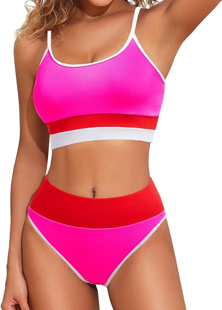 Aqua Eve Women Ribbed Bikini Sets High Waisted Color Block Swimsuit Athletic Two Piece Bathing Su... | Amazon (US)