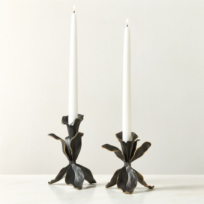 Iris Blackened Brass Taper Candle Holders Set of 2 | CB2