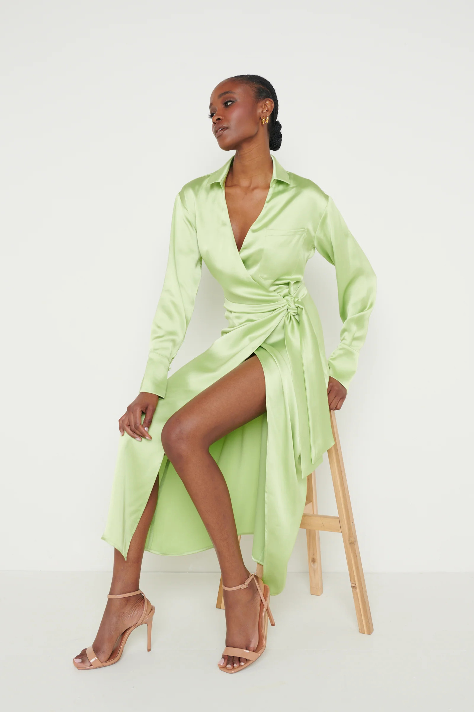 Ronnie Satin Wrap Dress - Apple Green | Pretty Lavish (UK)