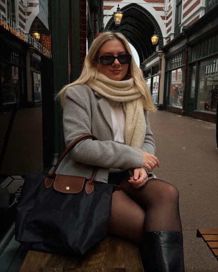 cute winter outfit wearing black square sunglasses, a cream oversized scarf, a fluffy brushed grey oversized blazer, a black & brown longchamp shoulder bag and shaping tights 

#LTKeurope #LTKFind #LTKstyletip
