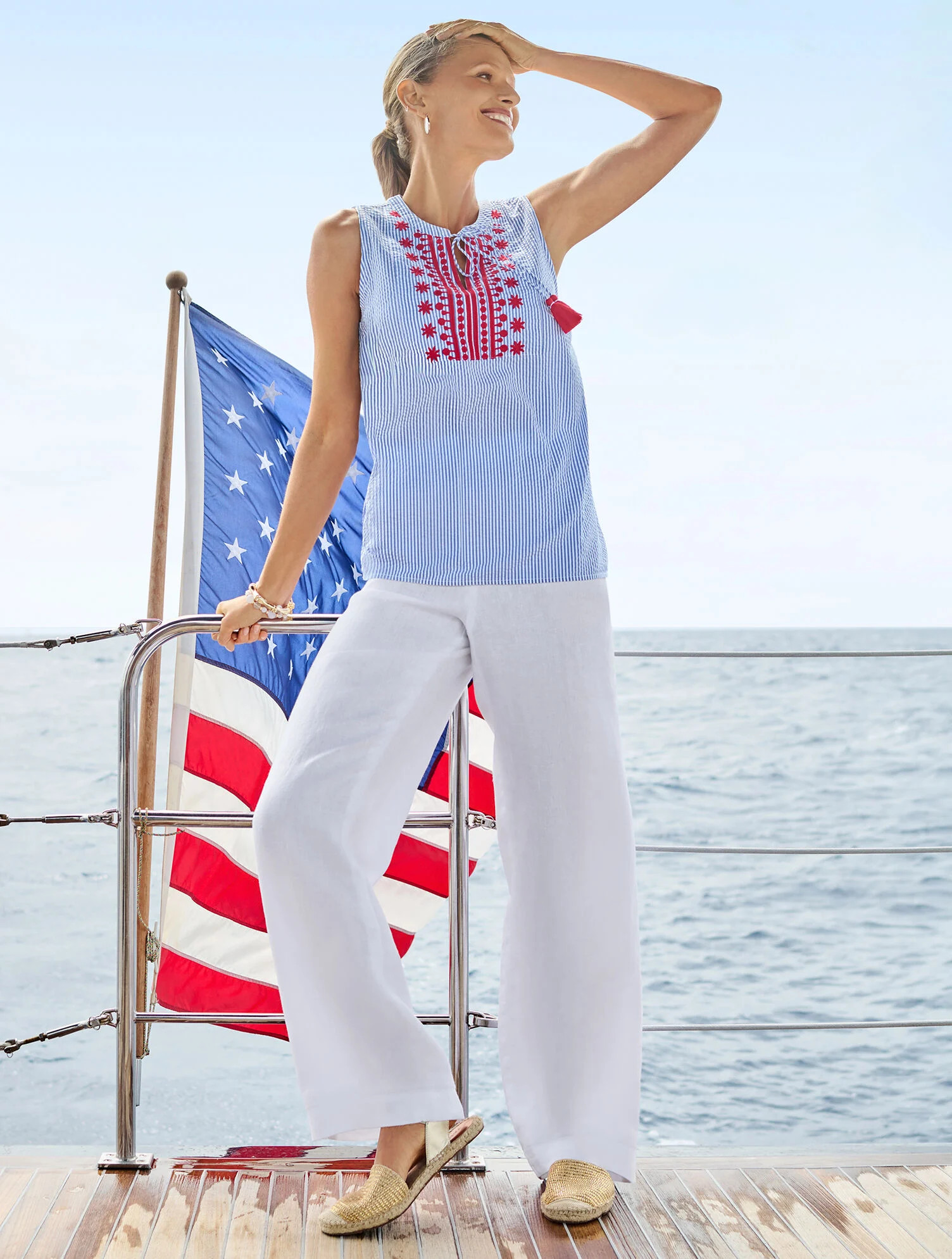 Breezy Stripe Seersucker Embroidered Shell | Talbots