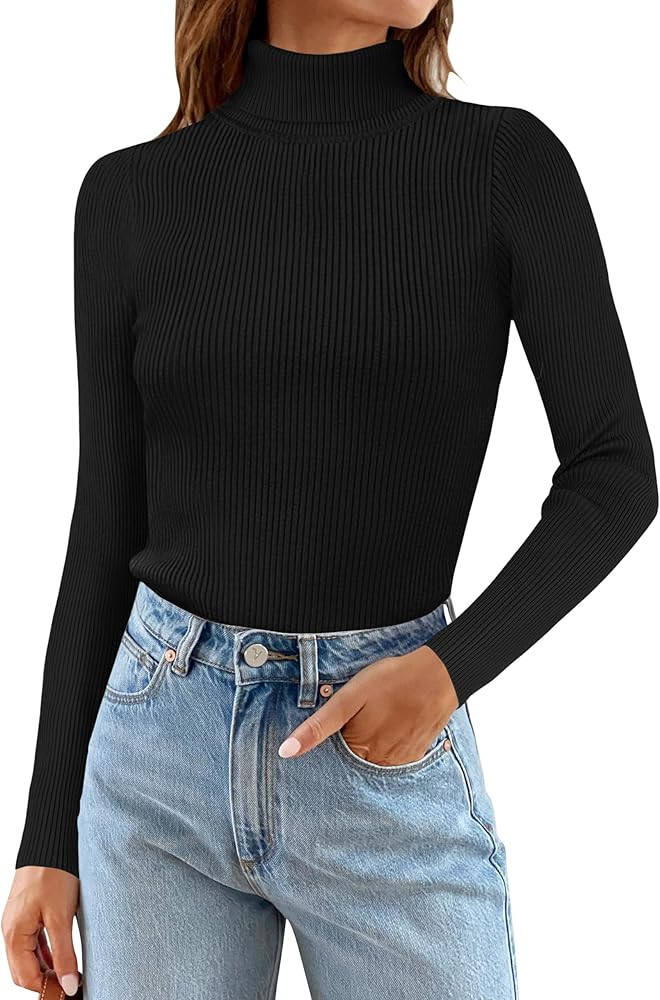 ZESICA Women's Turtleneck Long Sleeve Shirts Spring Basic Tops Slim Fitted Ribbed Knit Sweater | Amazon (US)