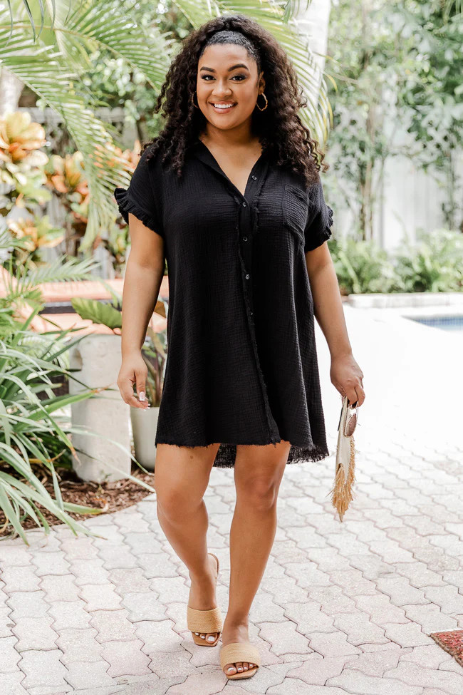 No Worries Black Gauze Button Up Dress | Pink Lily
