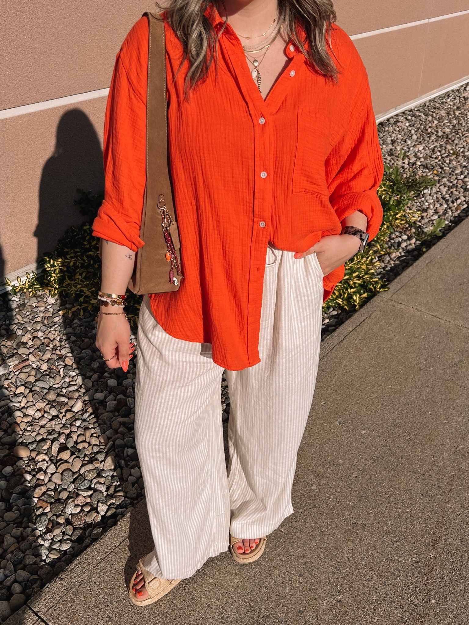 Comfy casual summer outfit! Wearing my usual L in the button up shirt, love this bright red orange! Linked this year’s version of my Old Navy linen pants (have them in brown, I wear L tall), also linked similar options! Linked similar sandals too

#LTKsummer #LTKsale #LTKmidsize