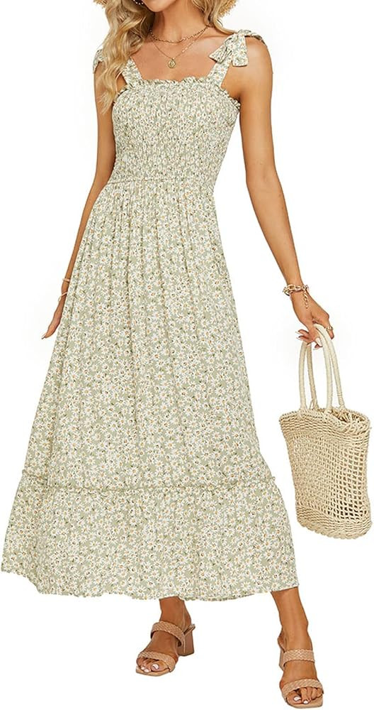 Tobrief Women's Boho Dress Summer Spaghetti Strap Square Neck Flowy Ruffle Beach Long Maxi Dress | Amazon (US)