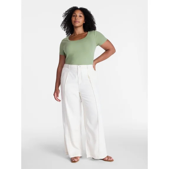 Time and Tru Women's High Rise Drapey Pleated Wide Leg Jeans, 30" Inseam, Sizes XS-XXXL | Walmart (US)