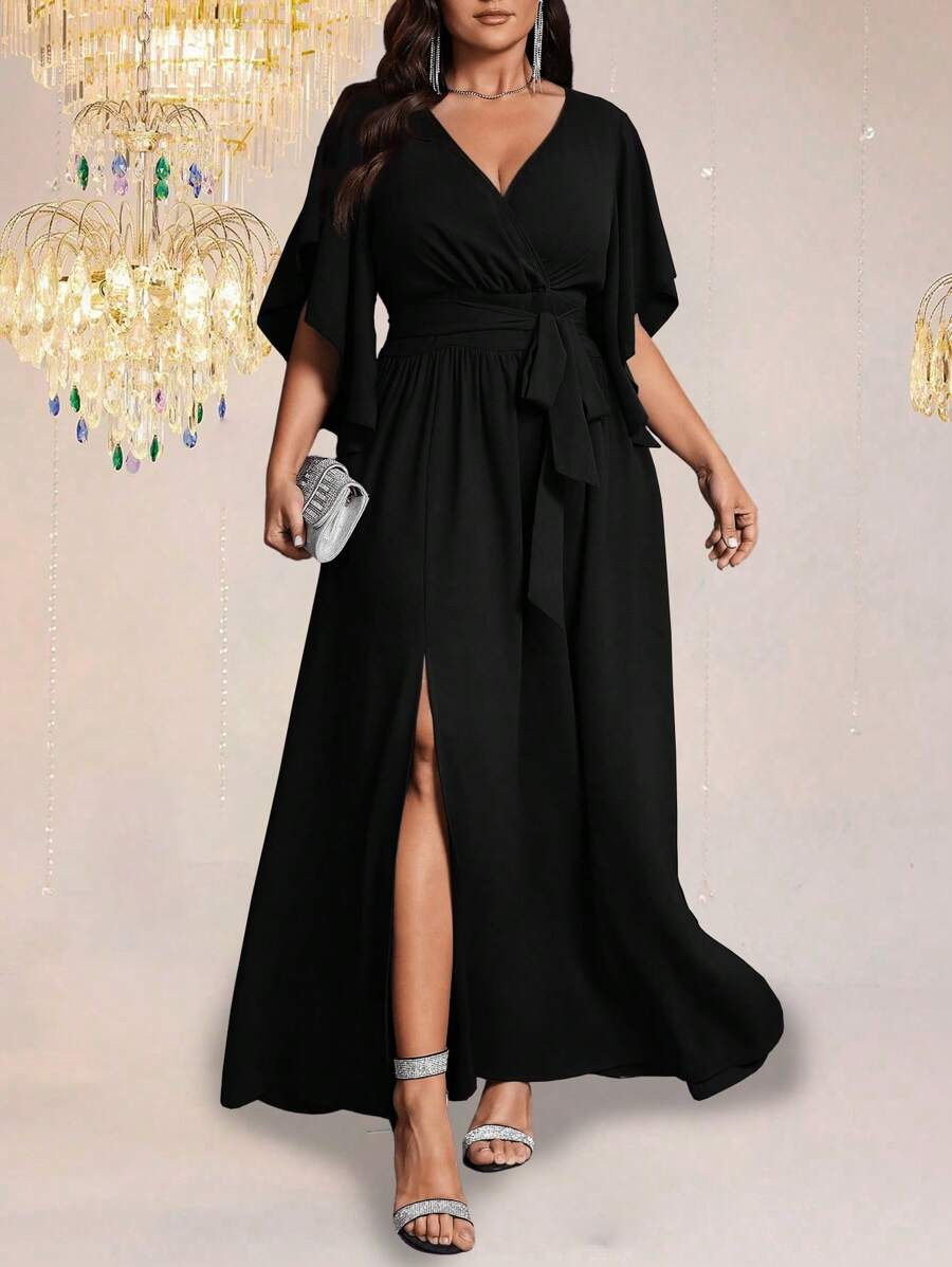 Auvina Plus Size Women's Solid Color Form-Fitting V-Neck Flared Short Sleeve Tie Waist Ruched Sli... | SHEIN