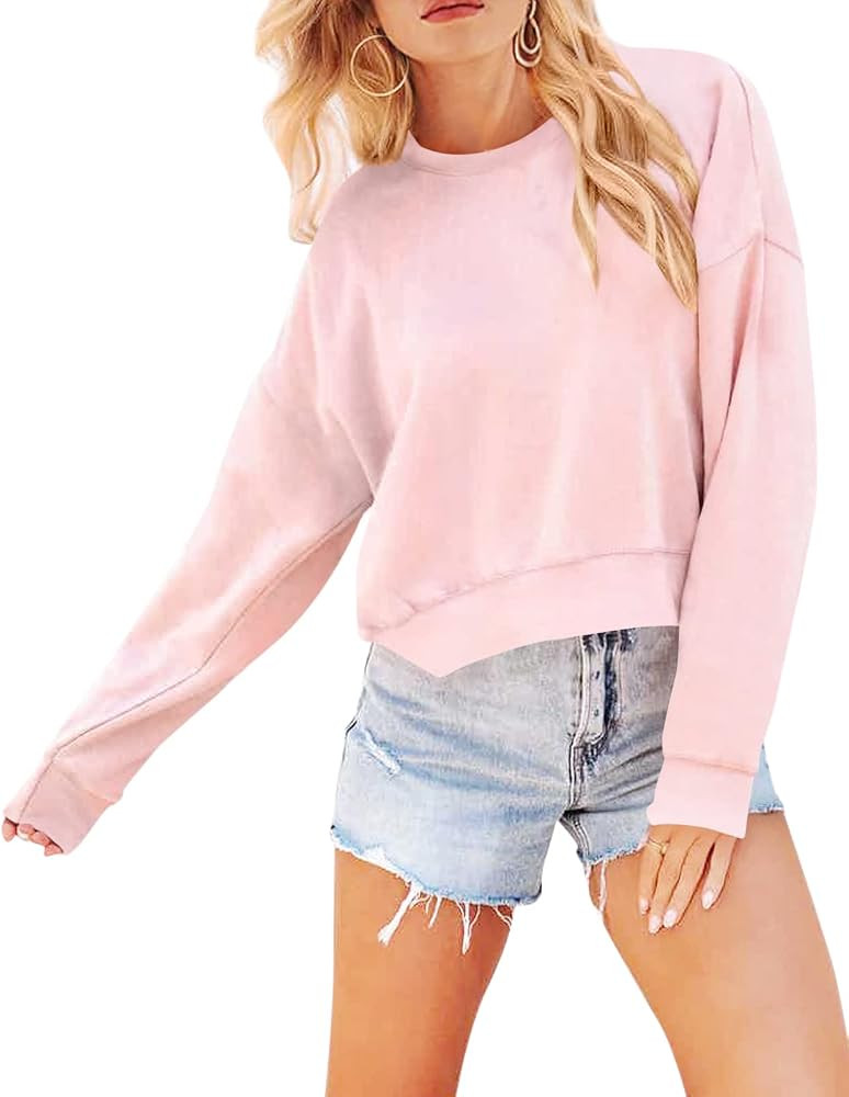 Womens Crop Tops Long Sleeve Crew Neck Sweatshirt Cute Pullover Casual Solid Blouses | Amazon (US)