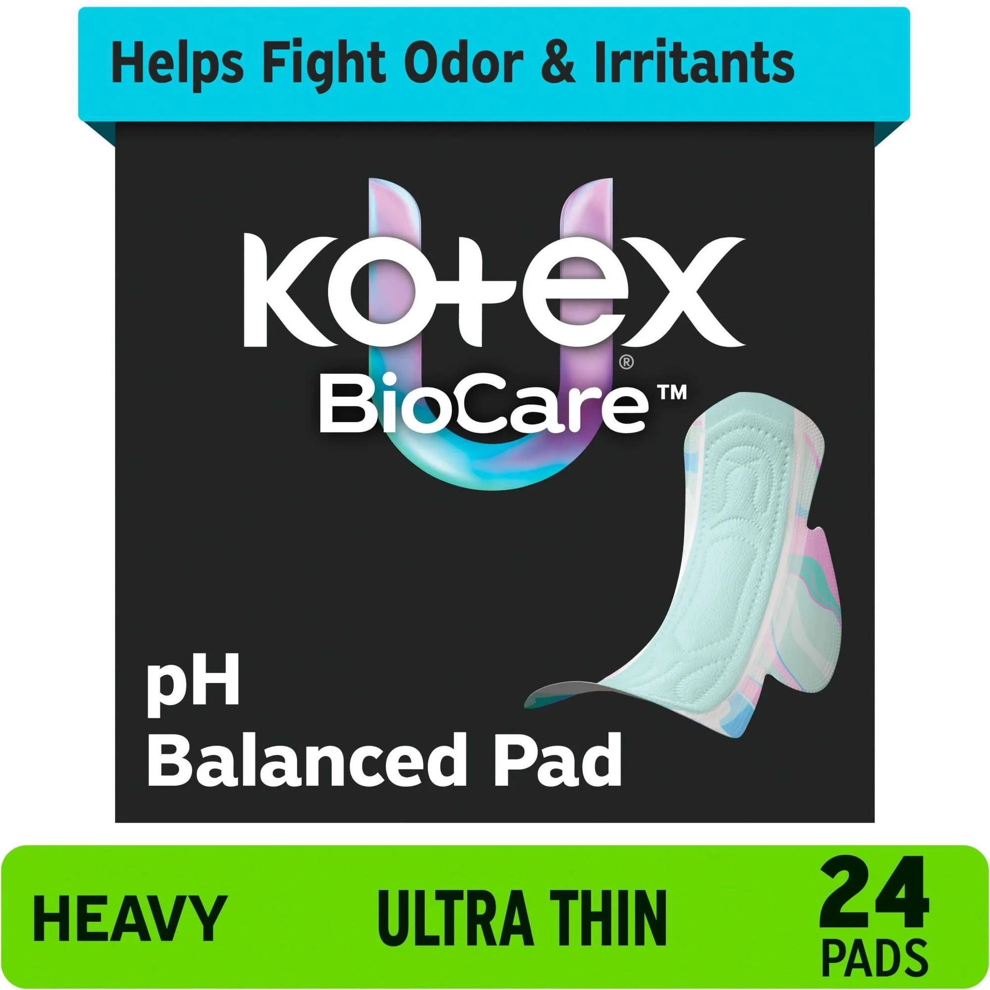 Kotex BioCare Ultra Thin Period Pads with Wings, Heavy Absorbency, 24 Count | Walmart (US)