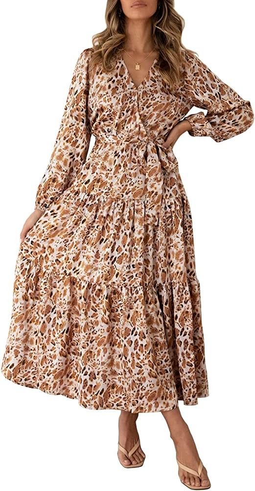 MITILLY Women's Boho Leopard Print Ruffle Long Sleeve V Neck Casual Flowy Party Maxi Dress | Amazon (US)