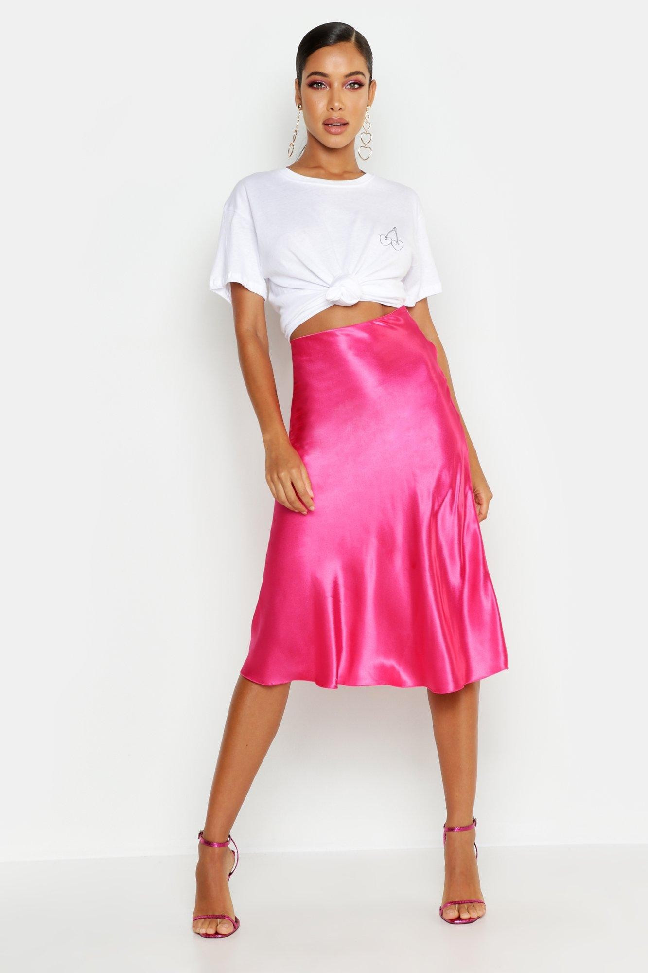 Womens Satin Bias Cut Slip Midi Skirt - Pink - 4 | Boohoo.com (US & CA)