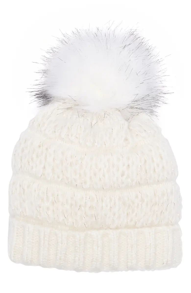 SOLE SOCIETY Cuffed Faux Fur Pompom Cable Knit Beanie | Nordstromrack | Nordstrom Rack