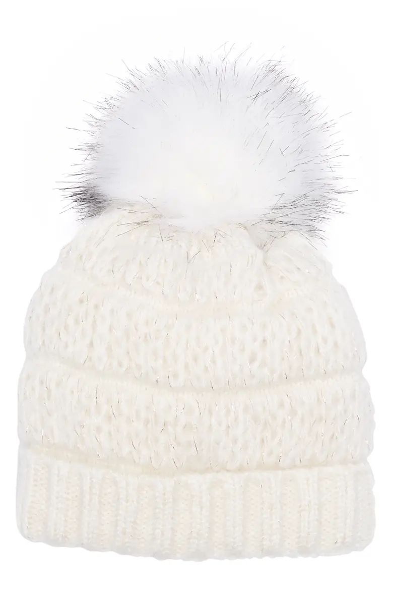 SOLE SOCIETY Cuffed Faux Fur Pompom Cable Knit Beanie | Nordstromrack | Nordstrom Rack