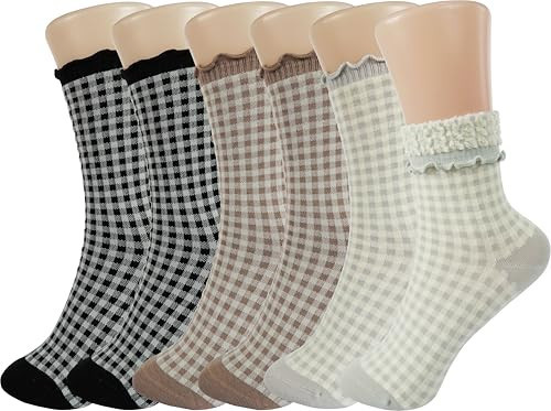 BomKinta Checkered Ruffle Socks Women - Cute Plaid Frilly Sock - Casual Crew Cotton Socks Size 5-10 Black Black Khaki Khaki Grey Grey 6 Pairs Size 5-9 | Amazon (US)