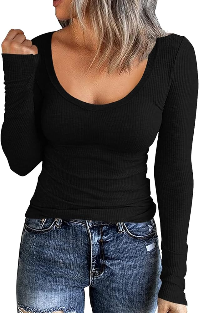 Roselux Women Long Sleeve Scoop Neck Ribbed Fitted Knit Shirt Basic T-Shirts | Amazon (US)