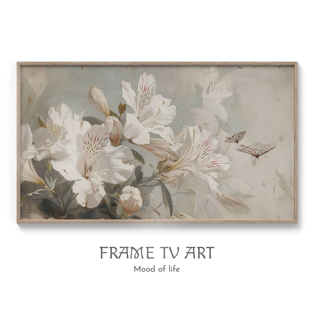Rustic Frame TV Art White Flowers, Muted Tone Vintage Soft Flower TV Art, Ancient Art of White Al... | Etsy (US)