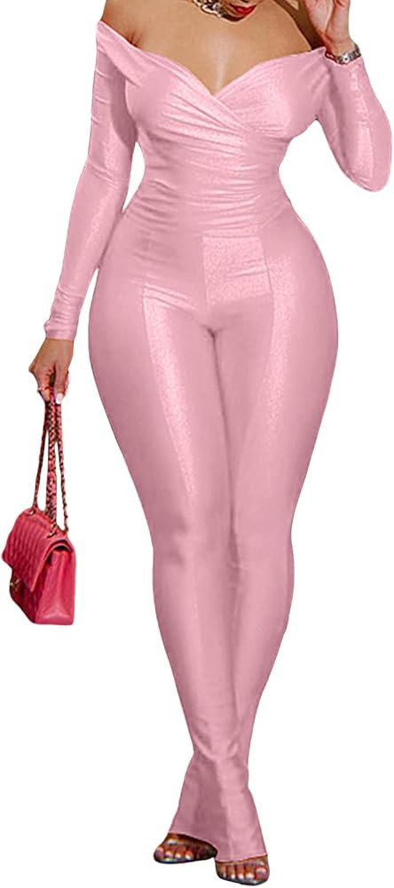 acelyn 2 Piece Outfits for Women Sexy Off Shoulder Tops Bodycon Flared Pant Sets Club Outfits Tra... | Amazon (US)