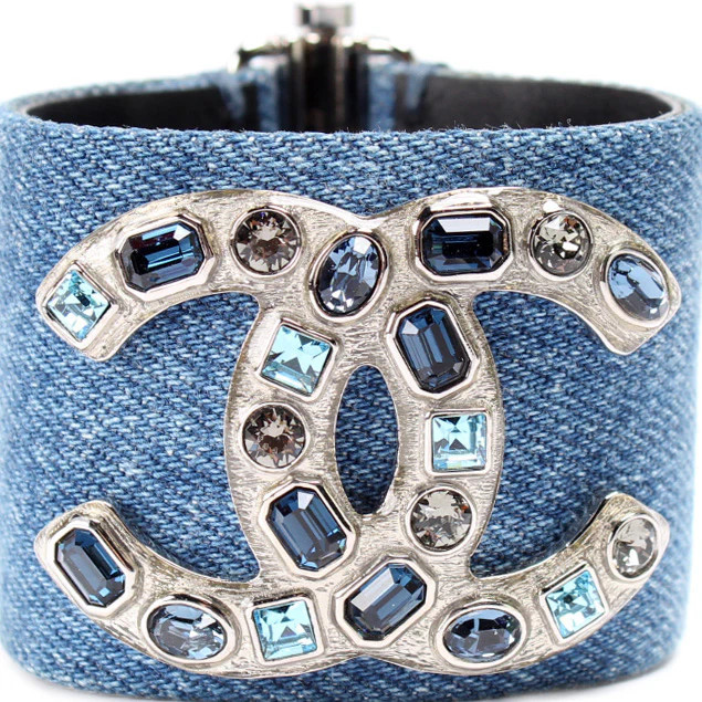 Crystal CC Denim Cuff Bracelet | Keeks Designer Handbags
