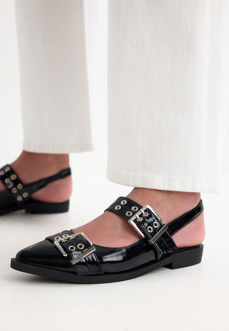 Womens Black Biker Strap Slingback Ballet Pump | Peacocks