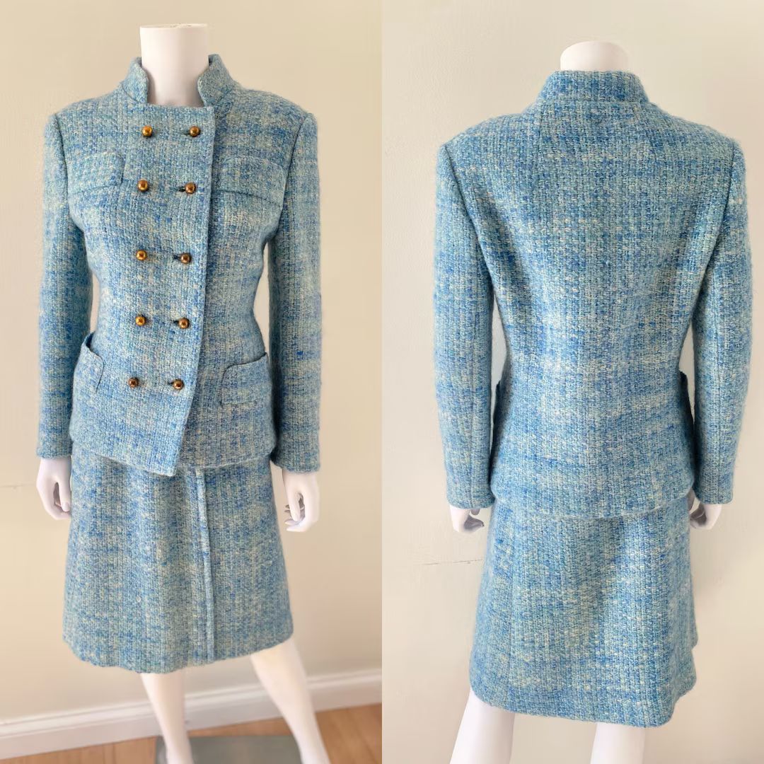 Vintage 1960s Smart Chic Mod Blue Wool Boucle Skirt Suit Double Breasted Blazer Jacket by David C... | Etsy (US)
